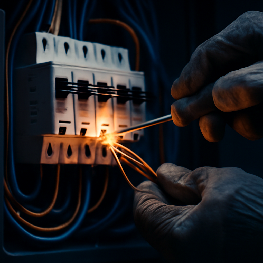 Close-up of hands wiring a circuit breaker panel
