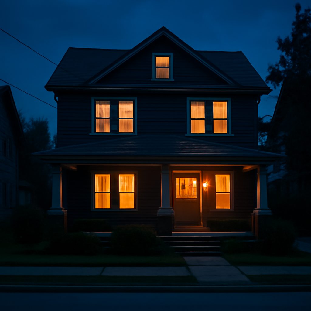 Pennsylvania home at dusk with lights on